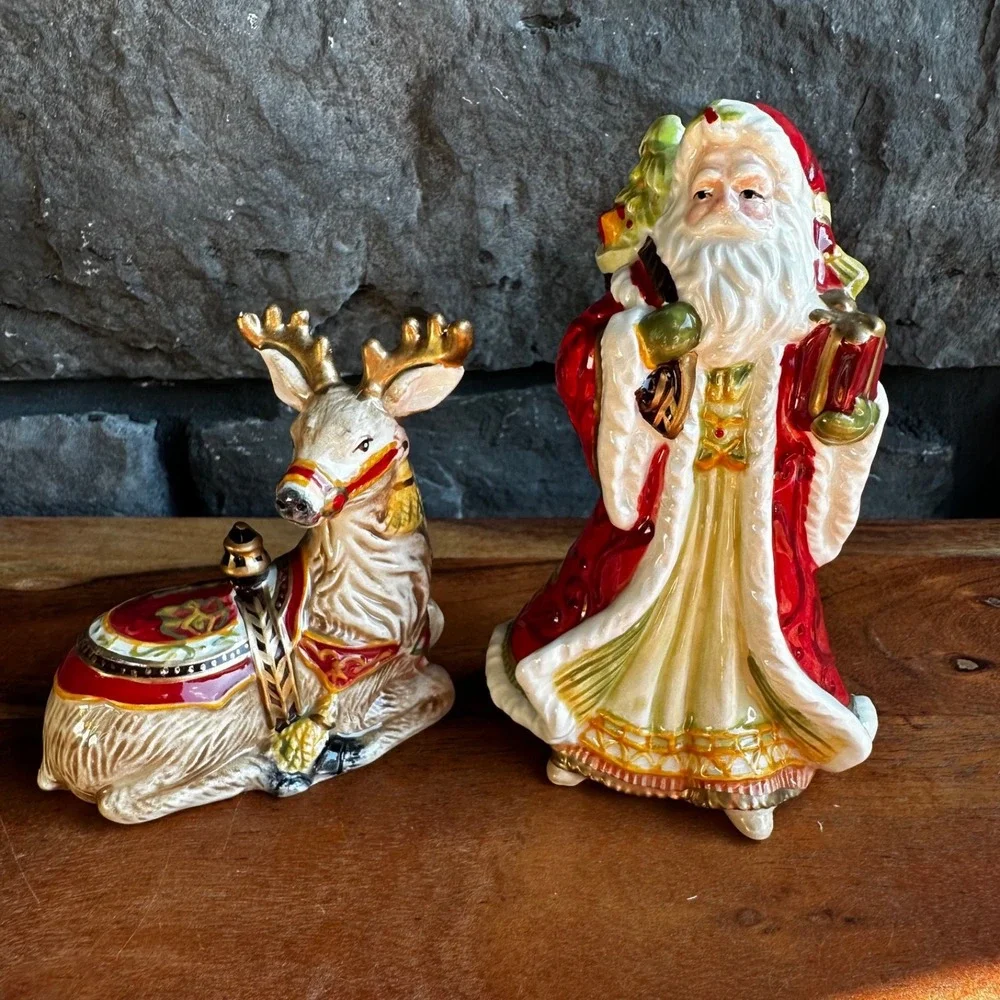 Fitz and Floyd Damask Holiday Salt Pepper Shakers Christmas Santa Reindeer BNIB